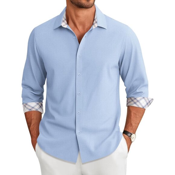 Coofandy Men Clear Blue Long Sleeve Button Down Untucked Regular Fit Dress Shirt - Picture 1 of 7